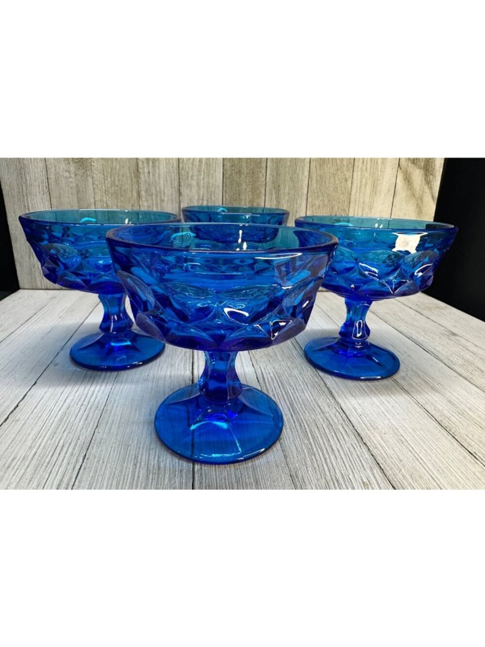 Vtg Noritake Style Blue Cobalt Thumbprint Champagne Glasses 4" Tall Set of 4